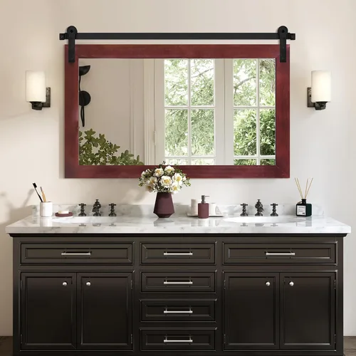 Vista 29 de COGOOD Espejo de puerta de granero de granja, 25 x 18 pulgadas, espejo decrativo con marco de madera rústica para baño, sala de estar, decoración
