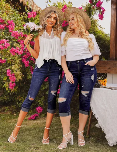 Vista 6 de luvamia Pantalones capri para mujer, elásticos, de cintura alta, desgastados, rasgados, ajustados, recortados