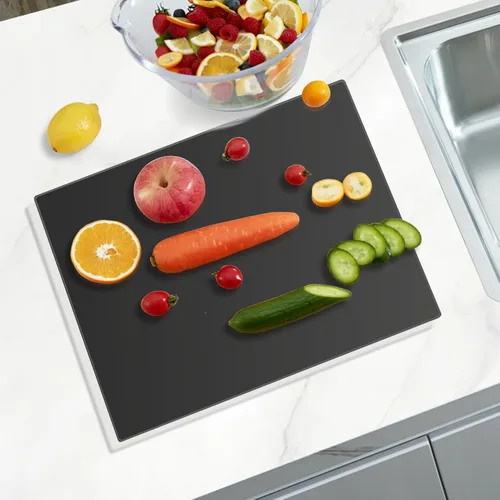 Vista 4 de Mymonfif Tabla de cortar de vidrio templado para cocina, tablero de vidrio negro para encimera, resistente al calor, con pies antideslizantes, 12 x