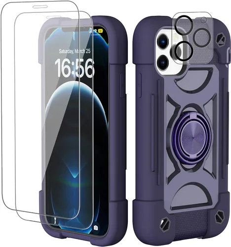 Vista 113 de Funda para iPhone 11 de 6.1 pulgadas con soporte de anillo, con 2 protectores de pantalla de vidrio, resistente a los golpes, resistente a