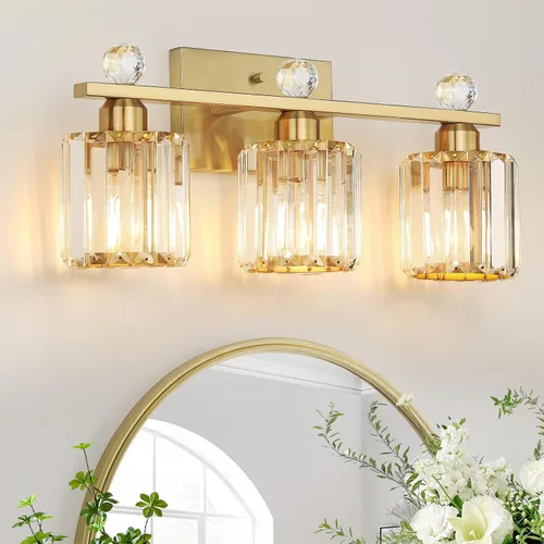 Vista 9 de Lámparas de baño doradas de 1 luz, modernas luces de tocador de baño con pantalla de cristal transparente, luces de montaje en pared de baño