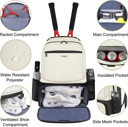 Vista 4 de Ytonet - Mochila de tenis para mujer y hombre, 2 raquetas Insulated Pocket and Ventilated Shoe Compartment, Gym Bags with Fence Hook for
