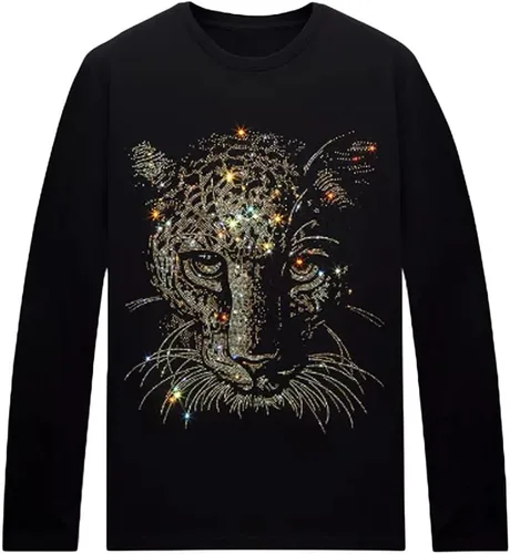 Vista 31 de HZCX FASHION Camisetas gráficas de manga larga para hombre y mujer, camisetas divertidas con diamantes de imitación