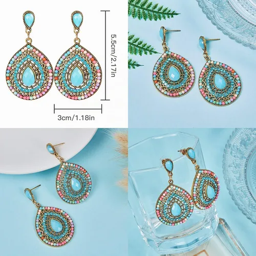 Vista 3 de 4 pares de aretes bohemios vintage, aretes colgantes, accesorios de joyería para mujer