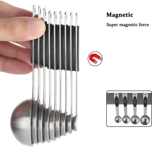 Vista 5 de Juego de 9 cucharas medidoras magnéticas de acero inoxidable Cucharas de anidación resistentes cucharadas para medir ingredientes secos y líquidos