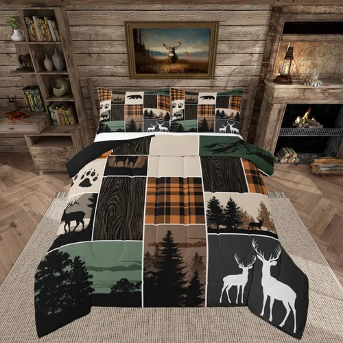 Vista 46 de Juego de edredón de cabaña rústica navideña, juego de ropa de cama estilo rústico con diseño de osos y ciervos, tamaño completo, patchwork Multi 08