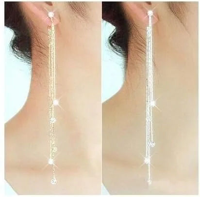 Vista 6 de XINSHUN Pendientes largos lineales de diamantes de imitación con borlas largas para mujer