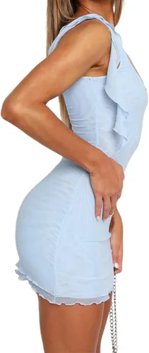 Vista 2 de Salimdy Minivestido sexy de tubo para mujer, con cuello cuadrado, sin mangas, con volantes, de malla, tirantes delgados