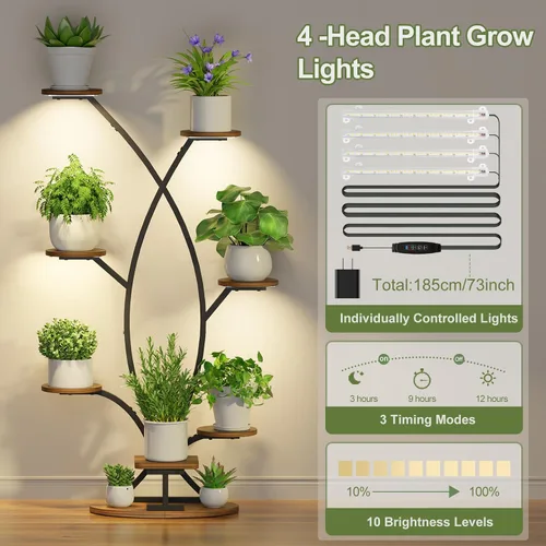 Vista 3 de Soporte para plantas de interior con luz de crecimiento, estante esquinero de 8 niveles para plantas de interior, estante de plantas de 57 pulgadas