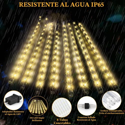 Vista 4 de Luces de lluvia de meteoritos, 192 luces LED de lluvia que caen, 8 tubos de 11.8 pulgadas, impermeables, para Navidad, enchufables, luces LED