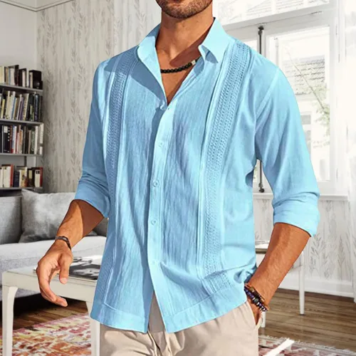 Vista 3 de Camisa de manga larga de lino y algodón para hombre, estilo casual, de verano, guayabera cubana, con botones, cuello de solapa sólida