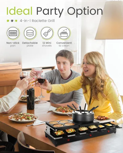 Vista 6 de Parrilla de Mesa Raclette - Parrilla Eléctrica Interior con Plancha - Antiadherente Extra Grande Reversible 4 en 1 para Exteriores Apta