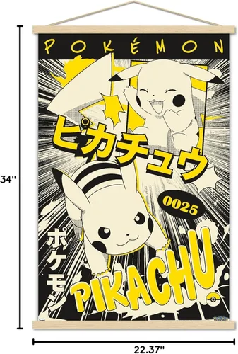 Vista 7 de Trends International Pokémon - Póster de pared de anime Pikachu, 22.37 x 34.00 pulgadas, paquete de impresión premium y colgador de madera de haya