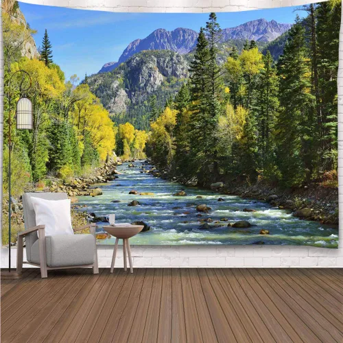 Vista 6 de YISURE Tapiz de naturaleza con montañas y bosque, paisaje escénico de árbol de pino verde y cascada, colgante de pared para decoración