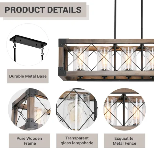 Vista 5 de Iluminación rústica de isla de cocina de granja, lámpara de 5 luces para comedor sobre mesa, lámpara de araña de madera rústica rectangular, lámpara