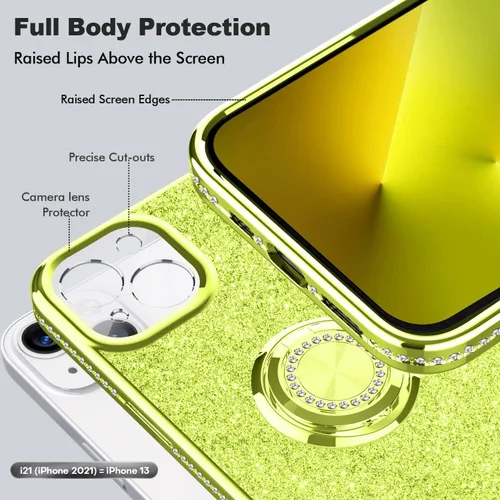 Vista 4 de Thomo Compatible con iPhone 13 Bling Stand Case 6.1 pulgadas (verde fluorescente)
