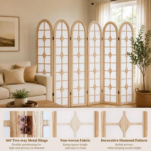 Vista 2 de 6 Panel Room Divider, Folding Shoji Screen, Natural