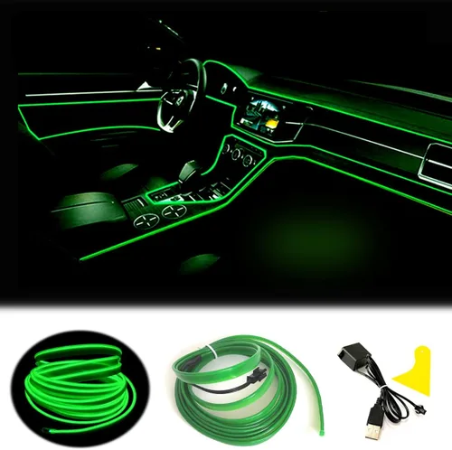 Vista 23 de Tira de luces LED de cable electroluminiscente azul para interior de automóvil, 6.5 pies de cable de neón con controlador USB de 5 voltios