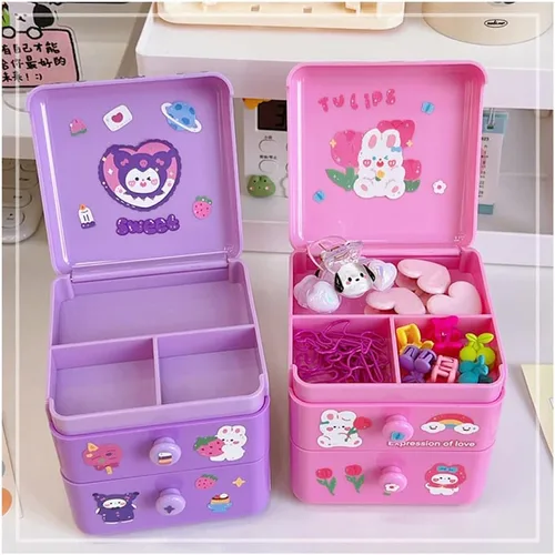 Vista 3 de Organizador de escritorio pequeño Kawaii con tapa y 2 cajones, lindo organizador de escritorio Kawaii con calcomanías de bricolaje para adolescentes