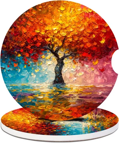 Vista 15 de Paquete de 2 posavasos para automóvil, posavasos abstractos de cerámica absorbente de bosque de montaña, posavasos para portavasos de automóvil