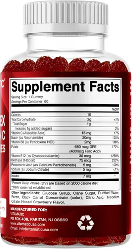 Vista 8 de Gomitas de complejo de vitamina B Vitamatic con vitamina C e inositol - Sabor natural a fresa - 60 gomitas (1 botella)