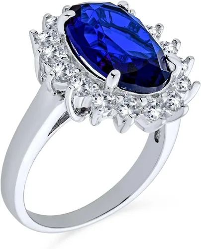 Vista 2 de Anillo de compromiso de plata de ley 925 personalizable con halo de corona ovalada de 5 a 7 quilates con circonita cúbica simulada de zafiro azul