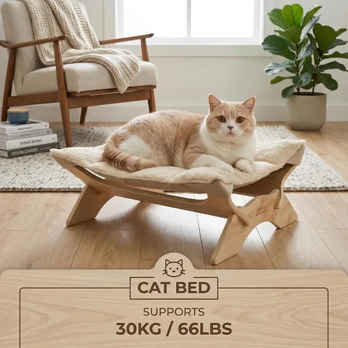 Vista 7 de JSPYFITS Hamaca elevada para gatos, cama ortopédica elevada para perros con cojín de felpa y lino de doble cara, muebles modernos para gatos