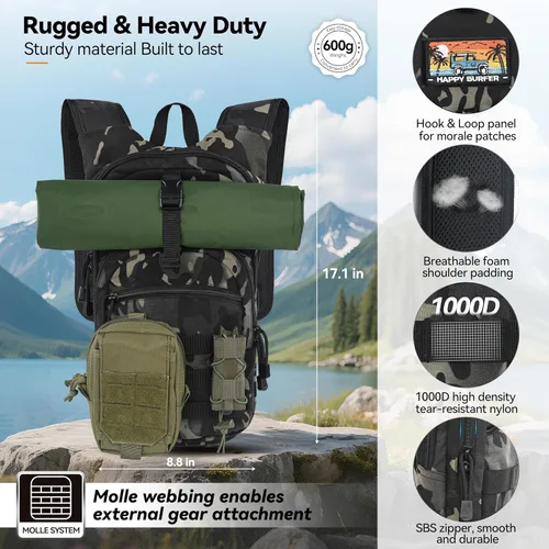 Vista 2 de MARCHWAY Mochila de Hidratación Táctica Molle con Vejiga de Agua de TPU de 2.5L, Mochila Militar Organizada de Perfil Bajo para Senderismo, Camo
