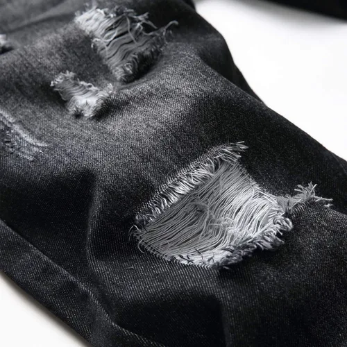 Vista 4 de Pantalones rajados para hombre, de mezclilla, ajuste regular, pierna acampanada, de corte entallado, con agujeros, pantalones de hombre de mezclilla