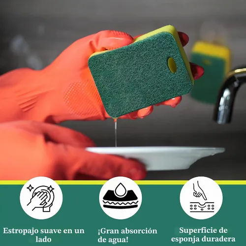 Vista 5 de Paquete de 12 esponjas de cocina resistentes de doble cara, amarillo/verde Limpieza de platos antiarañazos, sin olor, multiusos para ollas