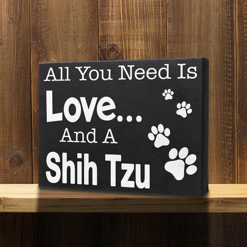 Vista 6 de JennyGems Regalos de Shih Tzu, letrero de madera con texto en inglés «All You Need Is Love and a Shih Tzu», decoración de estante y colgante