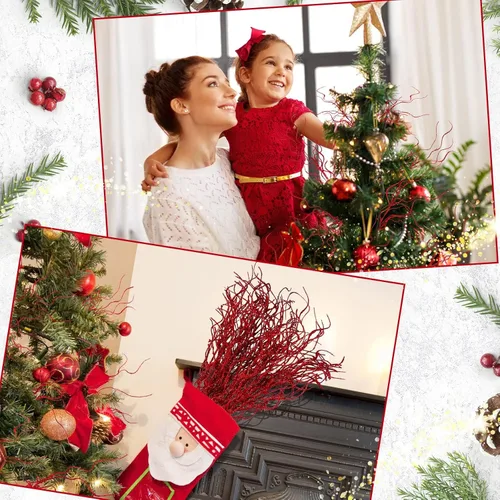 Vista 4 de Xinnun Ramas de Navidad con purpurina para decoración de jarrón, ramas rizadas, ramas artificiales, ramas para árbol de Navidad, manualidades Rojo