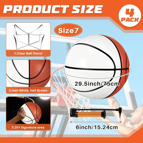 Vista 2 de Hiboom Balón de baloncesto con soporte de bola acrílica, panel en blanco para firma, bola oficial para escuela, universidad, entrenador, graduación