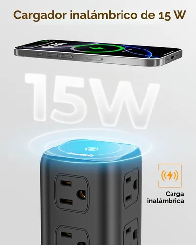 Vista 3 de Regleta de alimentación con 12 tomas, 4 USB (1 USB C), cable de extensión de 6.5 pies con múltiples tomas, estación de carga, torre de regleta