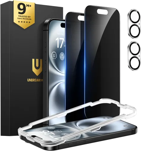 Vista 15 de UNBREAKcable Protector de pantalla de privacidad para iPhone 15 (6.1 pulgadas), paquete de 2 + 2 protectores de lente, antiespía de 25°, dureza 9H