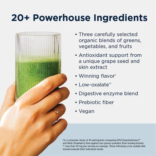 Vista 2 de Designs for Health EssentiaGreens and Reds (fresa kiwi, 30 porciones), superalimento vegano en polvo con espirulina, col rizada, manzana y más