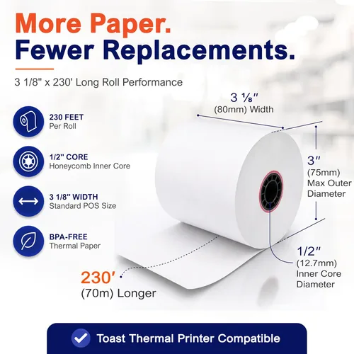 Vista 3 de Rollo de papel para impresora térmica para Toast TP200 Impresora de recibos de punto de venta (6 rollos)