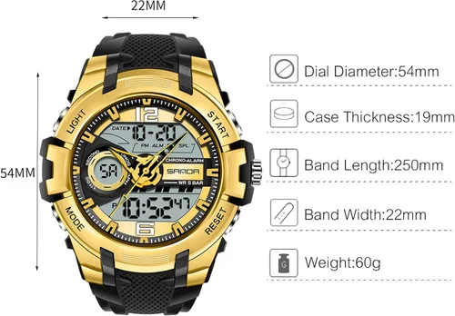 Vista 6 de RORIOS Reloj de cuarzo digital para hombre, reloj de pulsera con temporizador de alarma