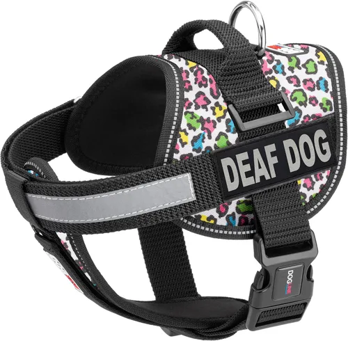 Vista 15 de Dogline Unimax - Arnés para perro con parches para perros sordos reflectantes sin tirones, correas ajustables, neopreno transpirable para médicos