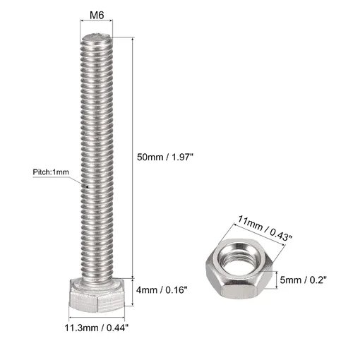 Vista 2 de uxcell Tornillos de cabeza hexagonal M6 x 1.969 in, tuercas, kits de arandelas planas y de bloqueo, pernos hexagonales de rosca completa de acero