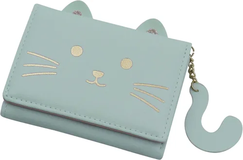 Vista 2 de Eilova Orityle Bonita cartera de gato para niñas y adolescentes, niños y mujeres, delgada de tres pliegues, tarjetero organizador con colgante