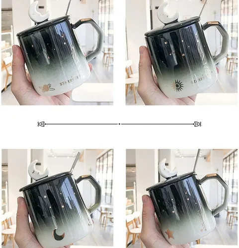 Vista 7 de Arawat Bonita taza con tapa de estrella y luna 3D, tazas de café divertidas de 14.2 fl oz/14 onzas, tazas de té con cuchara y posavasos, taza