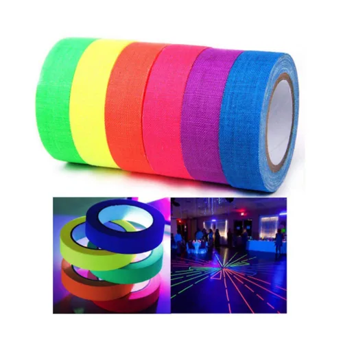 Vista 5 de Cinta adhesiva fluorescente azul neón para gaffer, cinta de punta azul neón reactiva a luz negra UV para etapas, juegos de fiesta, pisos
