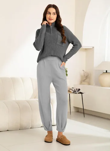 Vista 4 de softome Conjunto de 2 piezas para mujer, suéter de manga larga, con cremallera de 14, suéter de punto, pantalones casuales, conjunto de ropa
