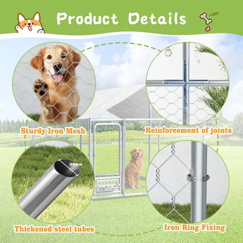 Vista 5 de Grepatio Perrera para perros al aire libre de 7.5 x 7.5 pies con techo, recinto exterior para perros con 2 comederos giratorios, cerca para perros