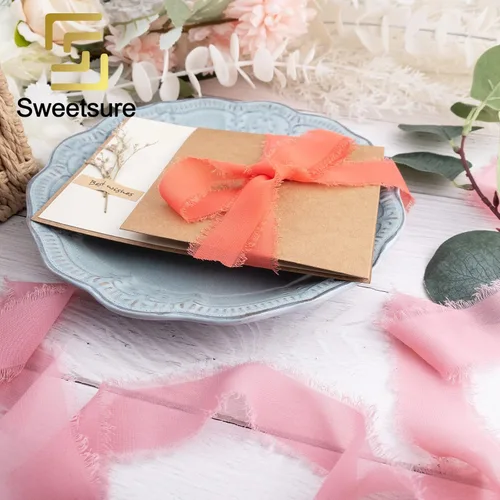 Vista 4 de Cintas de gasa de seda de 1.2 pulgadas x 11 yardas, cintas verdes hechas a mano con flecos para invitaciones de boda, envoltura de regalos, ramos