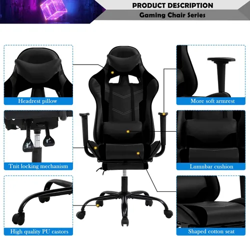 Vista 3 de Silla de juegos para adultos con reposapiés – Racing PC Silla Gamer Barato reclinable juego ergonómico escritorio con reposacabezas soporte lumbar