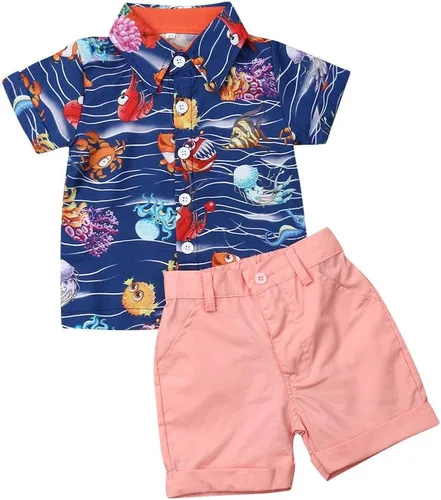 Vista 20 de Conjunto de camisa de manga corta con botones y pantalones cortos casuales con diseño de flamingo, para bebés y niños de 1 a 6 años, atuendos