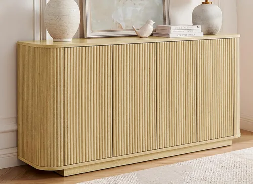 Vista 16 de LKTART Aparador de 64 pulgadas con almacenamiento, armario de almacenamiento de madera acanalada, aparador Credenza con estantes ajustables, resorte