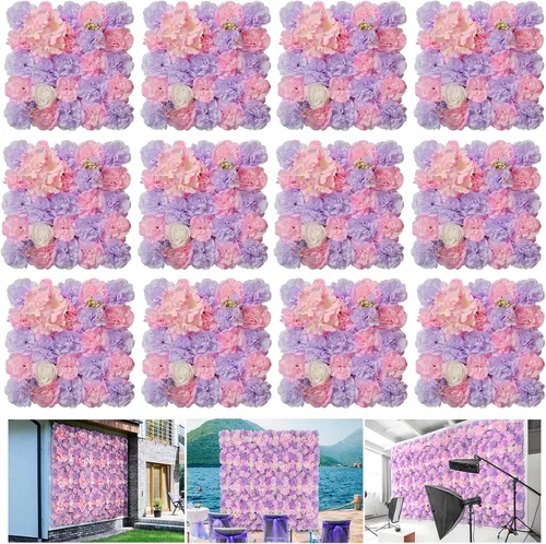 Vista 19 de Telón de fondo de pared de flores, 12 piezas de 16.5 x 16.5 pulgadas, panel de pared floral de rosa de seda artificial, decoración de pared ideal
